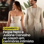 Felipe Neto e Juliane Carvalho de mãos dadas em arte sobre o casamento do casal.