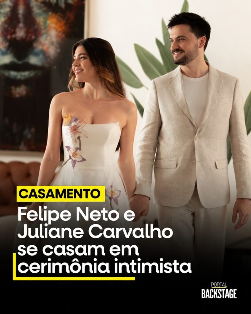 Felipe Neto e Juliane Carvalho de mãos dadas em arte sobre o casamento do casal.